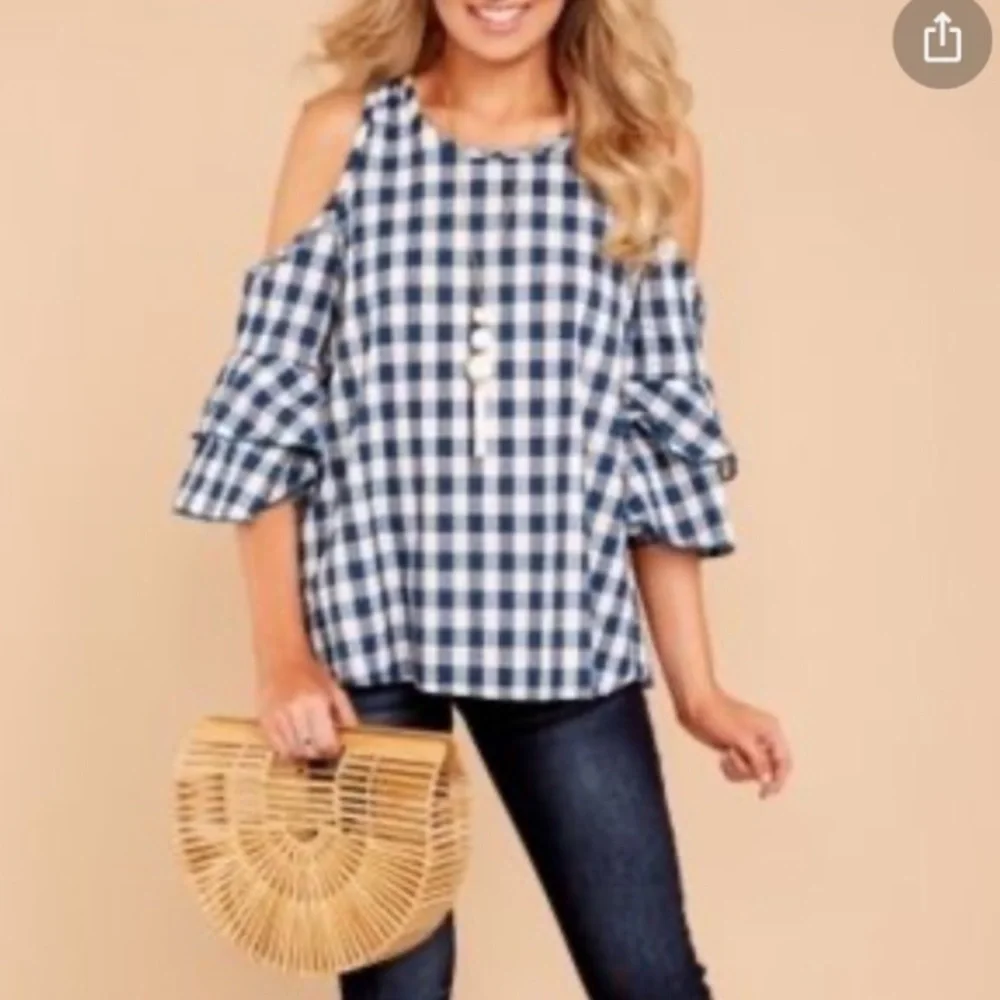 Ces Femme cold shoulder ruffle sleeve plaid top - Picture 1 of 5